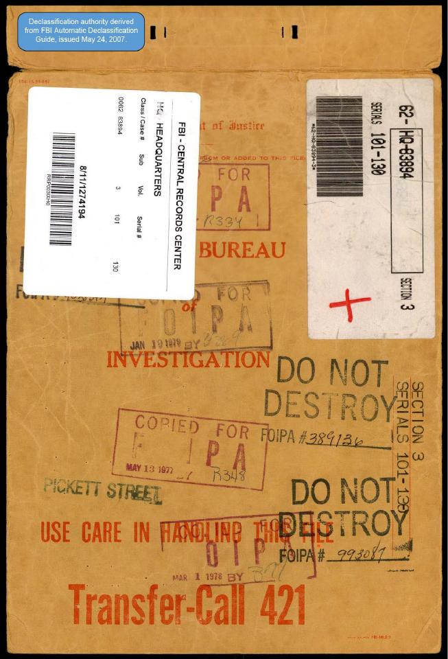 Declassified FBI file cover from the Central Records Center.