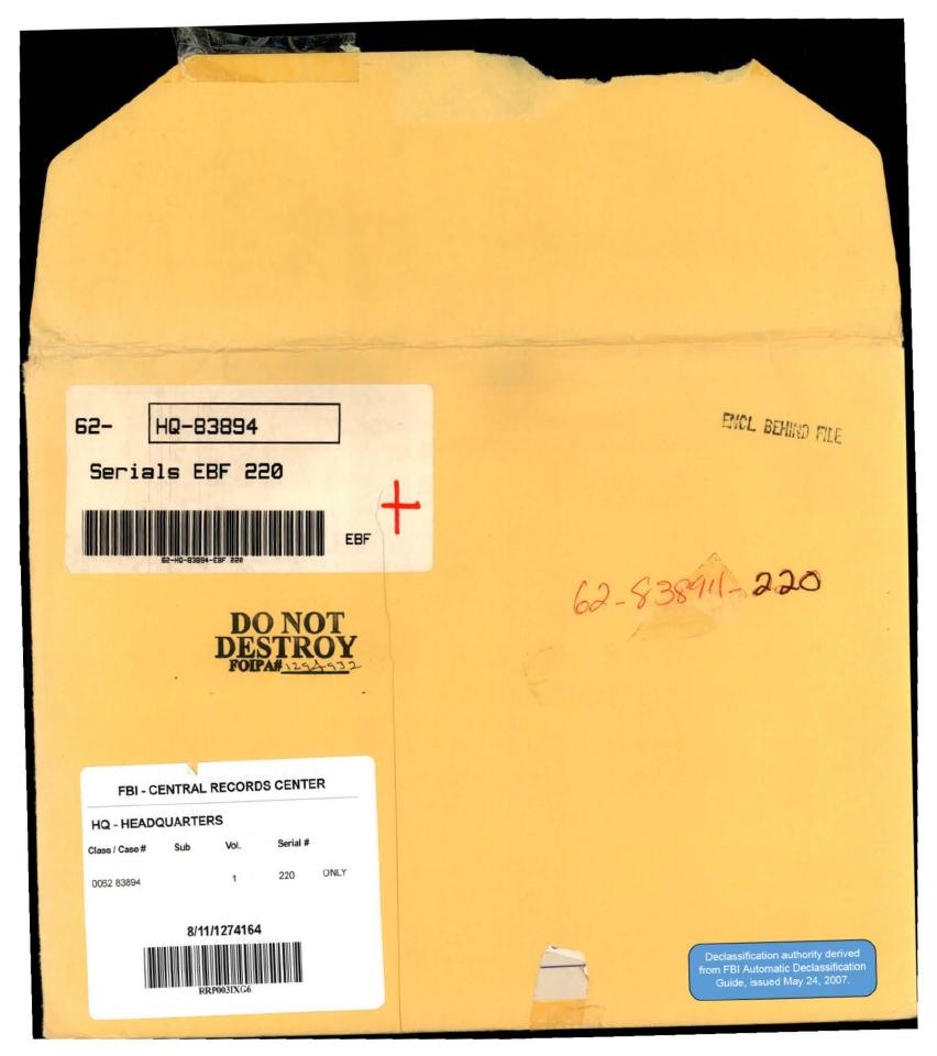 Declassified FBI Headquarters file envelope.