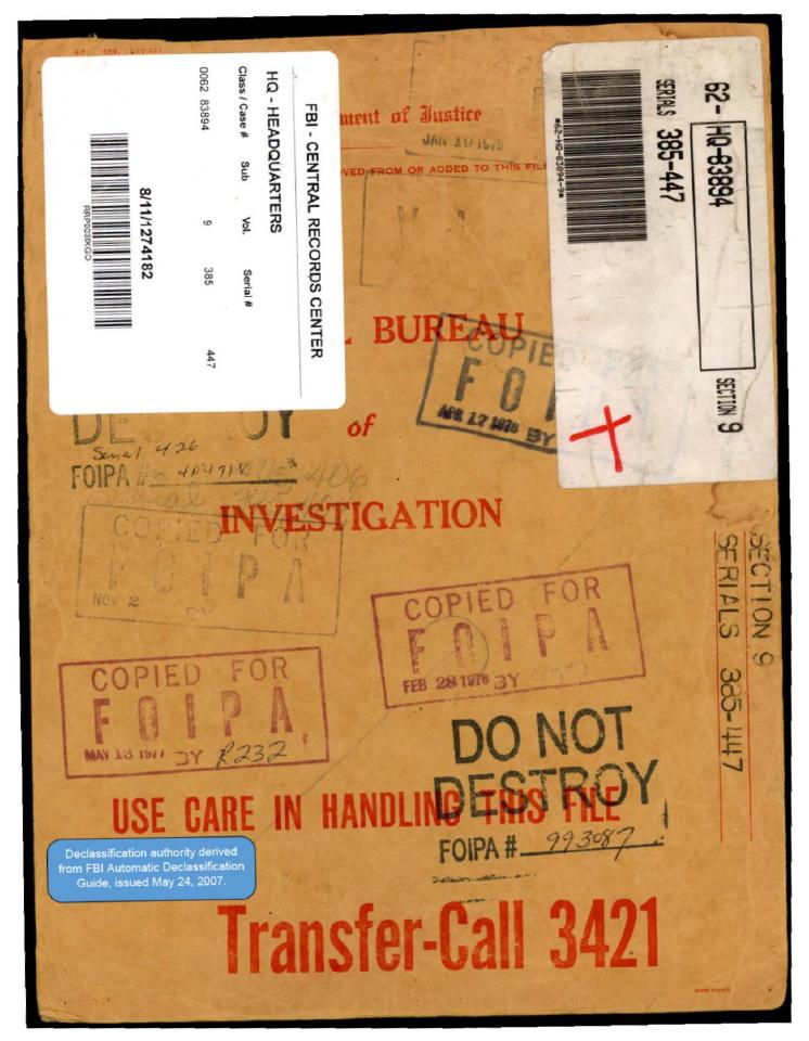 Declassified FBI file cover from the Central Records Center.